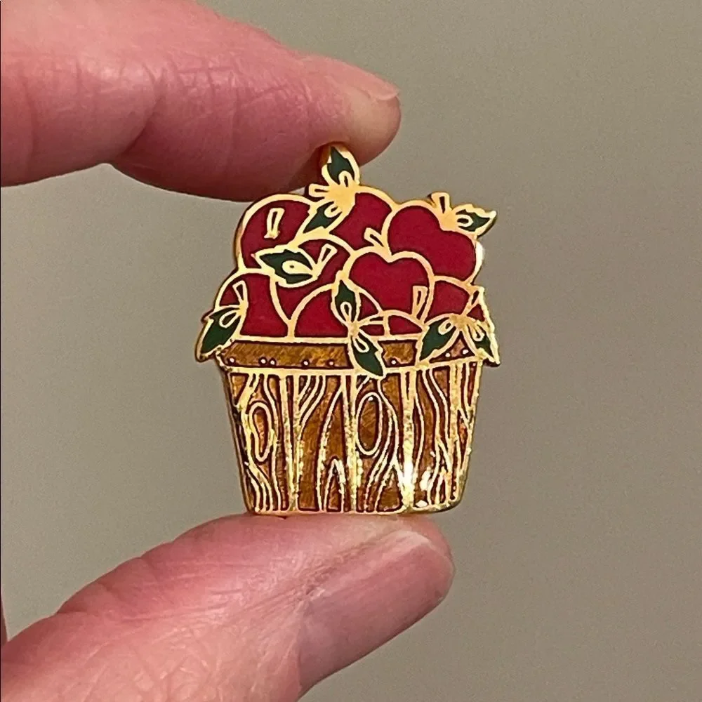 Vintage Hallmark Cards Inc. Enamel - Cloisonné Apple-in-a-basket Pin - Brooch